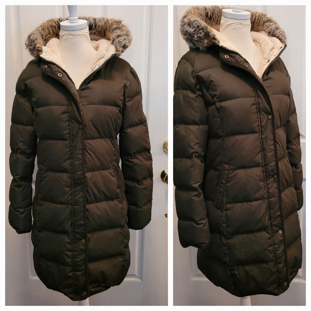 Ralph Lauren women's puffer coat dark olive green hooded faux fur Medium logo